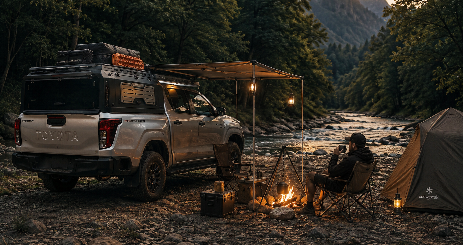 Nomad-equipped Hilux camped at a canyon overlook with awning deployed